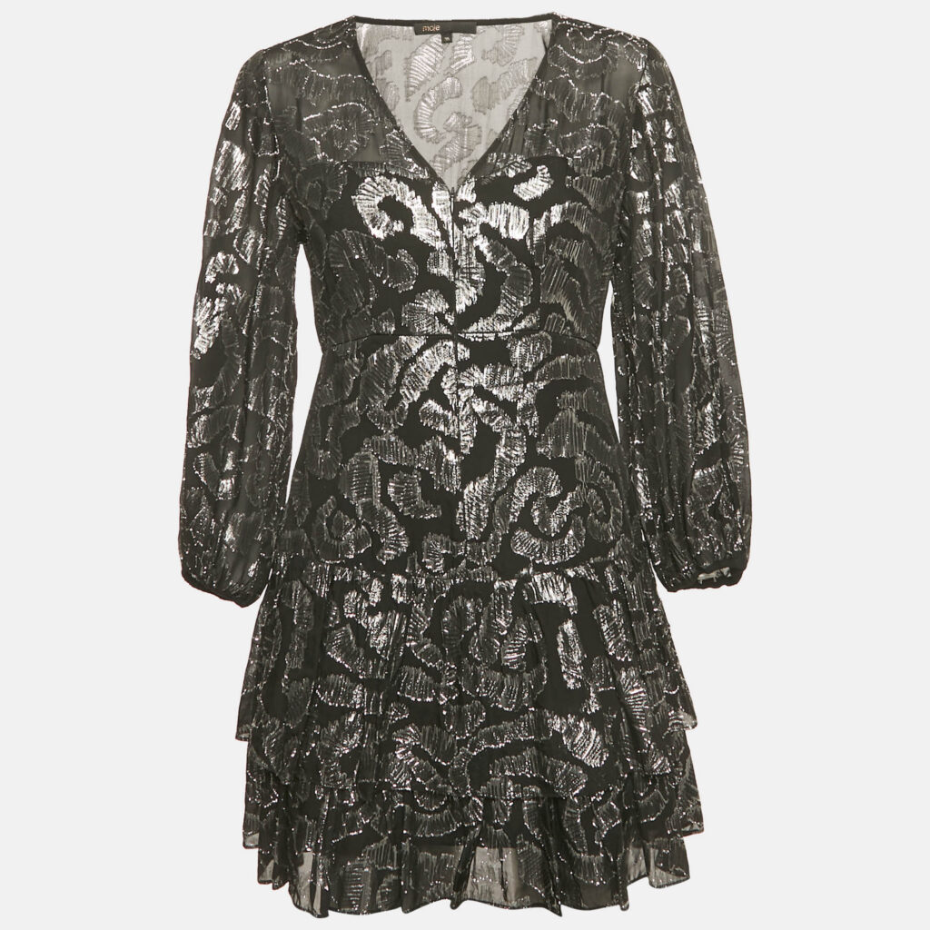 Maje Black Chiffon Metallic Fil coupe Mini Dress S