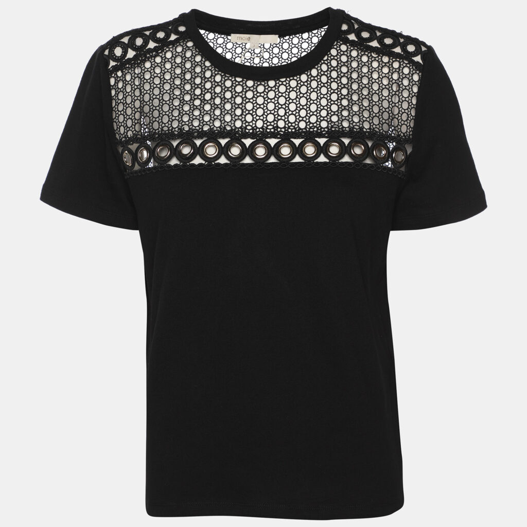 Maje Black Jersey Eyelet Detail Top L Maje Black Jersey Eyelet Detail Top L