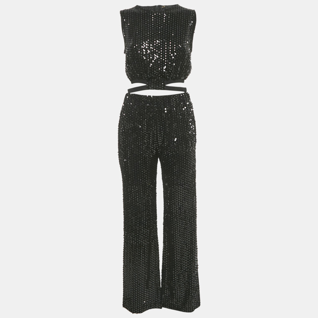 Maje Black Sequin Cut-Out Crop Top & Wide Leg Pants Set S Maje Black Sequin Cut-Out Crop Top & Wide Leg Pants Set S