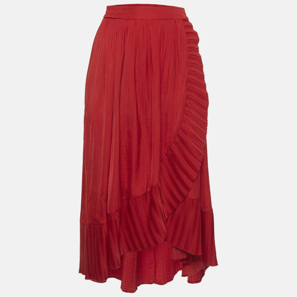 Maje Red Satin Plisse Drape Style Midi Skirt S Maje Red Satin Plisse Drape Style Midi Skirt S