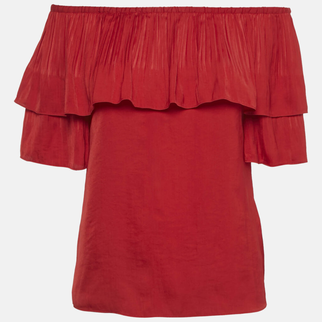 Maje Red Satin Plisse Ruffled Top S
