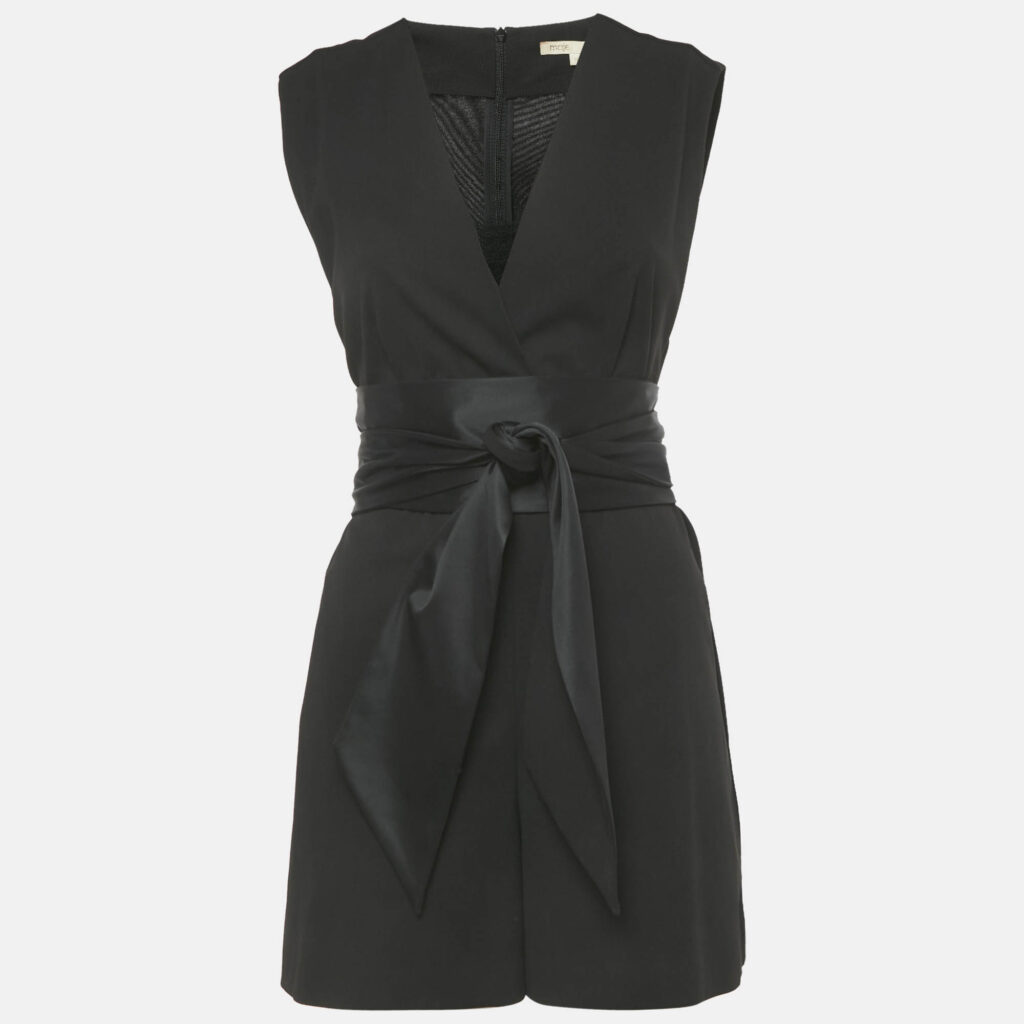 Maje Black Crepe Plunge Neck Belted Playsuit L Maje Black Crepe Plunge Neck Belted Playsuit L