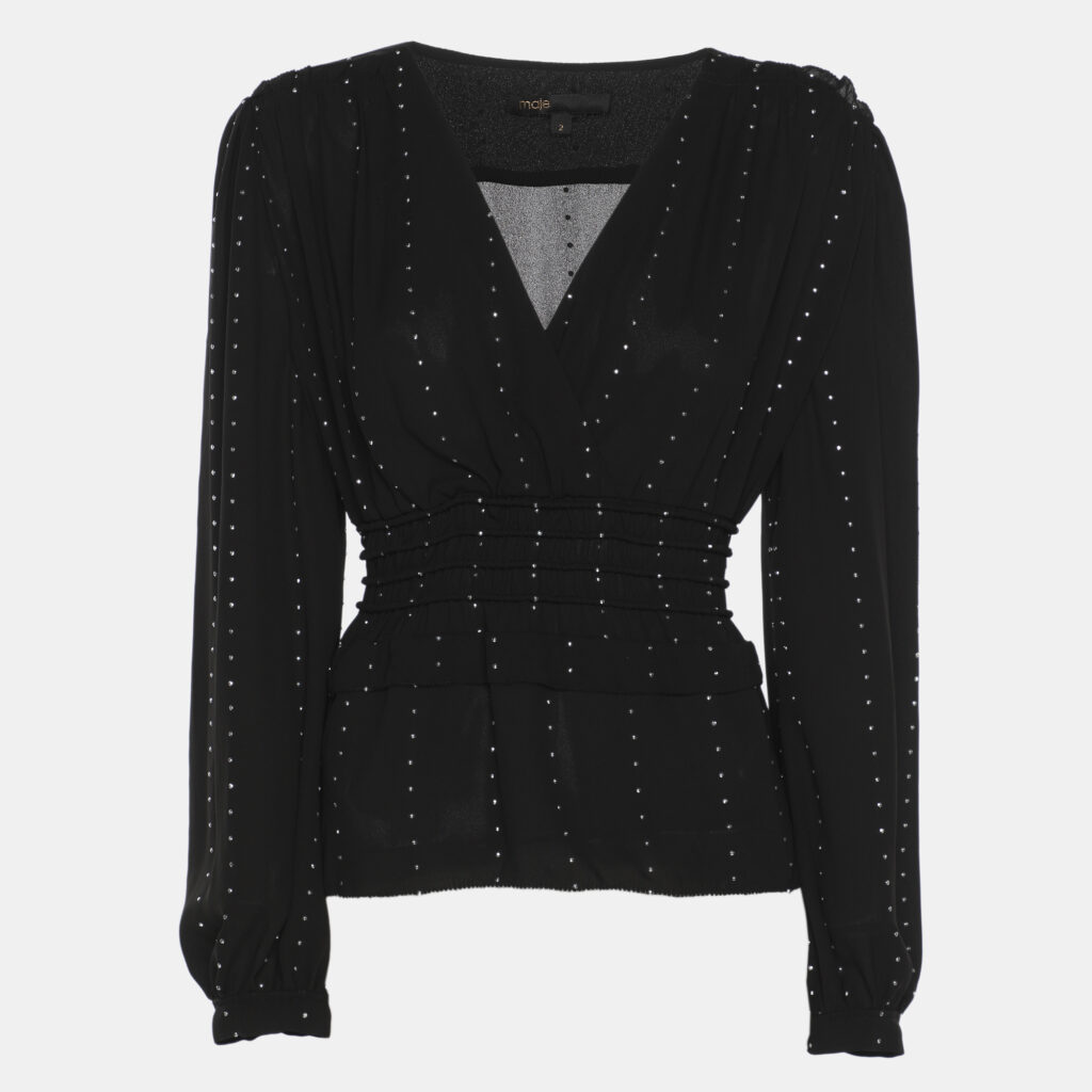 Maje Black Creep Crystal Embellished V Neck Tops S Maje Black Creep Crystal Embellished V Neck Tops S