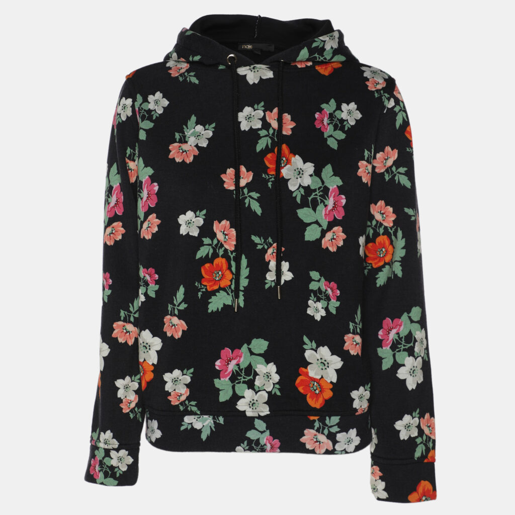 Maje Black Dark Grey Multicolor Floral Print Jersey Hoodie Sweatshirt S Maje Black Dark Grey Multicolor Floral Print Jersey Hoodie Sweatshirt S