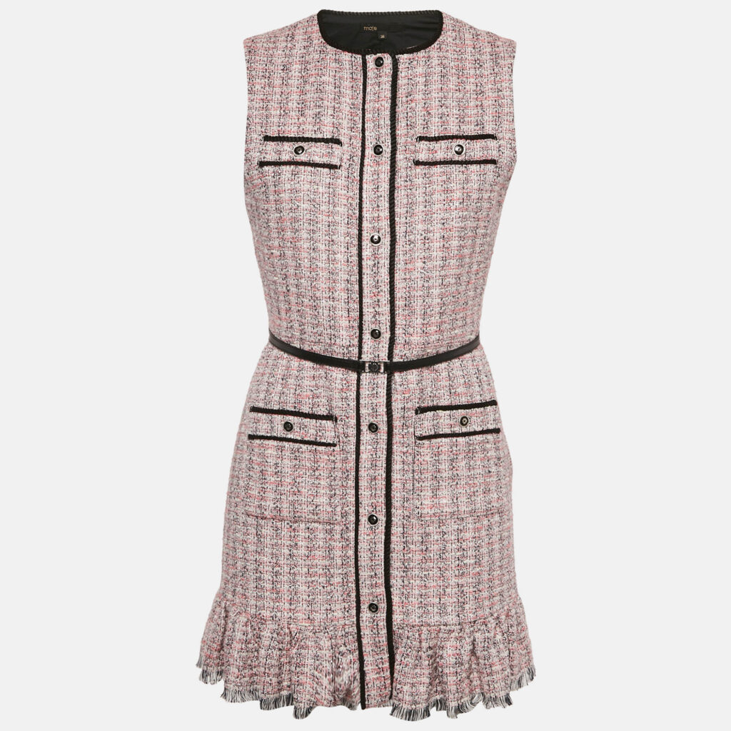 Maje Pink Lurex Tweed Ruffled 2-in-1 Mini Dress S Maje Pink Lurex Tweed Ruffled 2-in-1 Mini Dress S