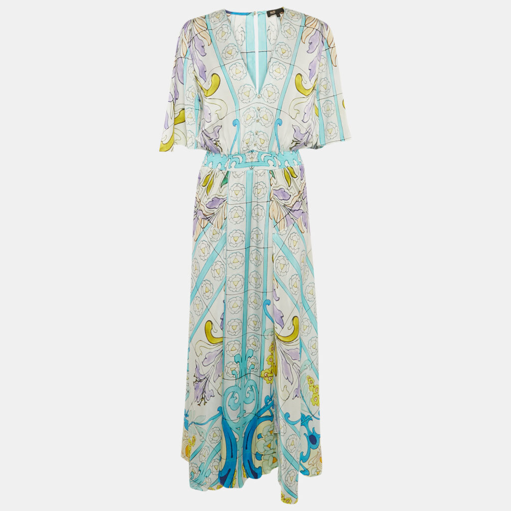 Maje White Mosaic Print Satin Handkerchief Hem Maxi Dress XL