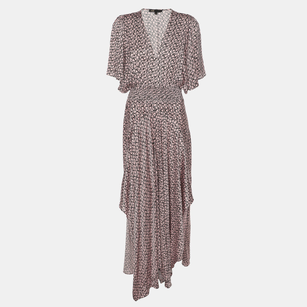 Maje Multi Pink/Black Printed Satin Midi Dress L