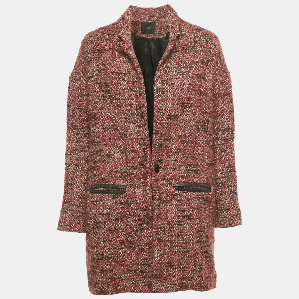Maje Red Tweed Mid-Length Gordan Coat S Maje Red Tweed Mid-Length Gordan Coat S