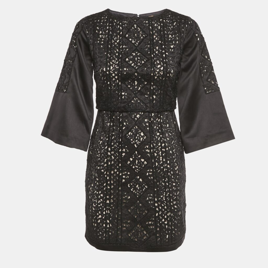 Maje Black Lace Embellished Satin Mini Dress S
