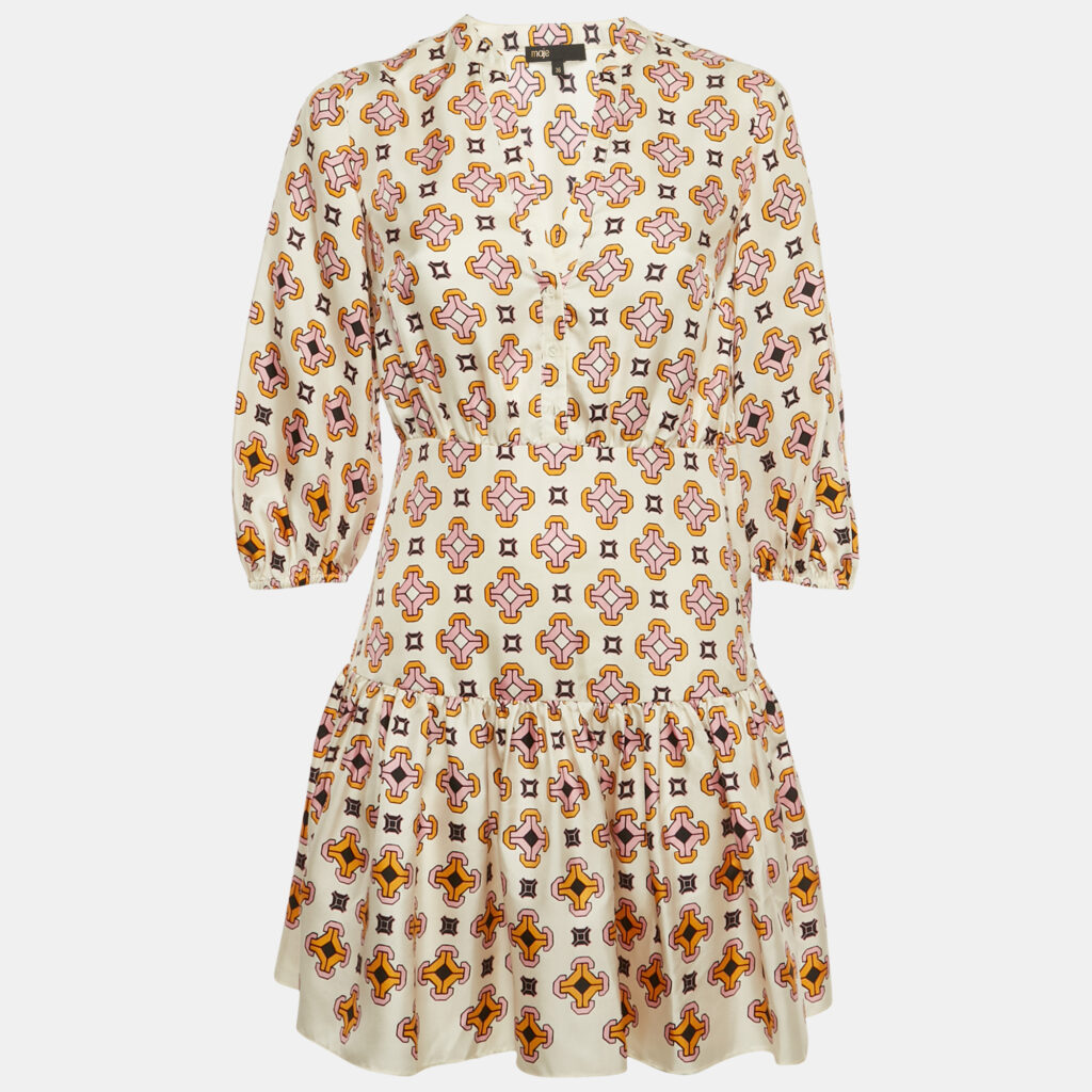 Maje Cream Printed Silk Mini Dress S