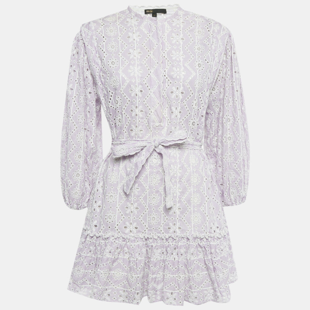 Maje Purple Embroidered Cotton Belted Mini Dress S Maje Purple Embroidered Cotton Belted Mini Dress S