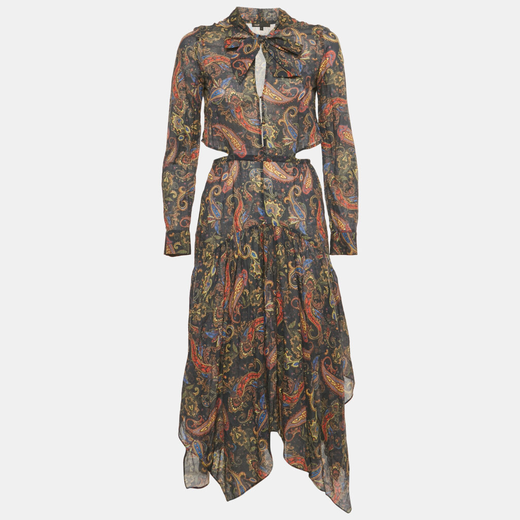 Maje Blue Paisley Print Citton Cut-Out Asymmetric Midi Dress S Maje Blue Paisley Print Citton Cut-Out Asymmetric Midi Dress S