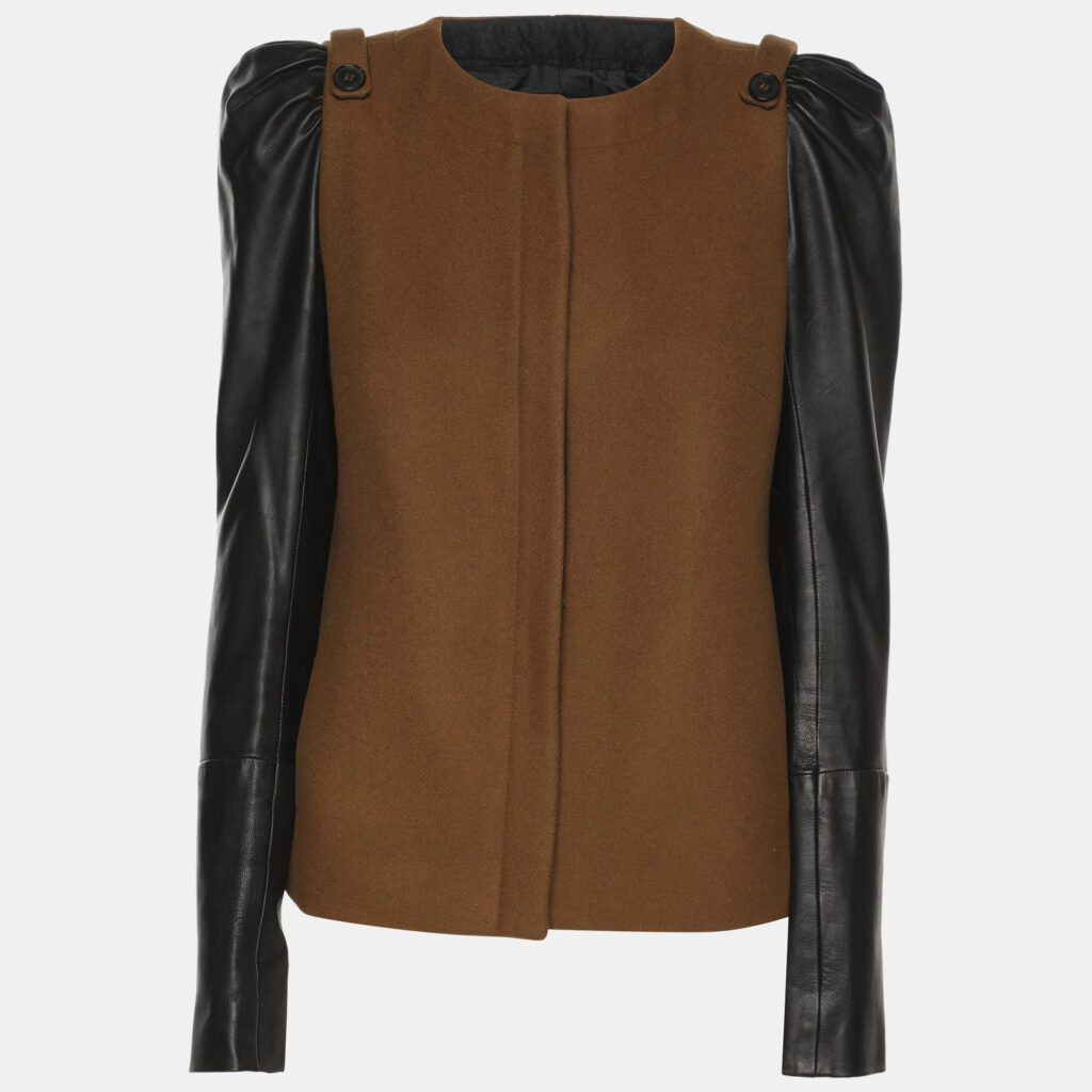 Maje Khaki/Black Wool Blend and Leather Zip Jacket S Maje Khaki/Black Wool Blend and Leather Zip Jacket S