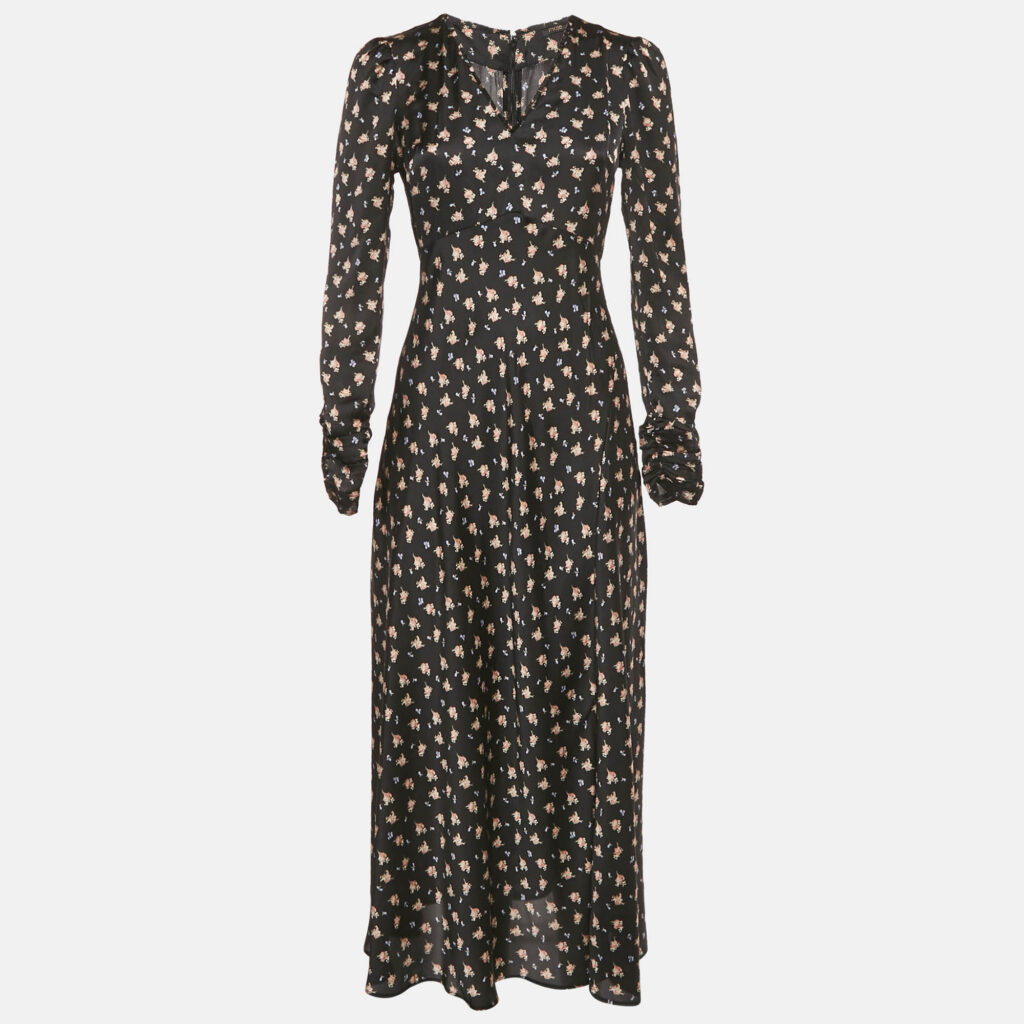 Maje Black Floral Print Satin Ruche Sleeve Midi Dress S