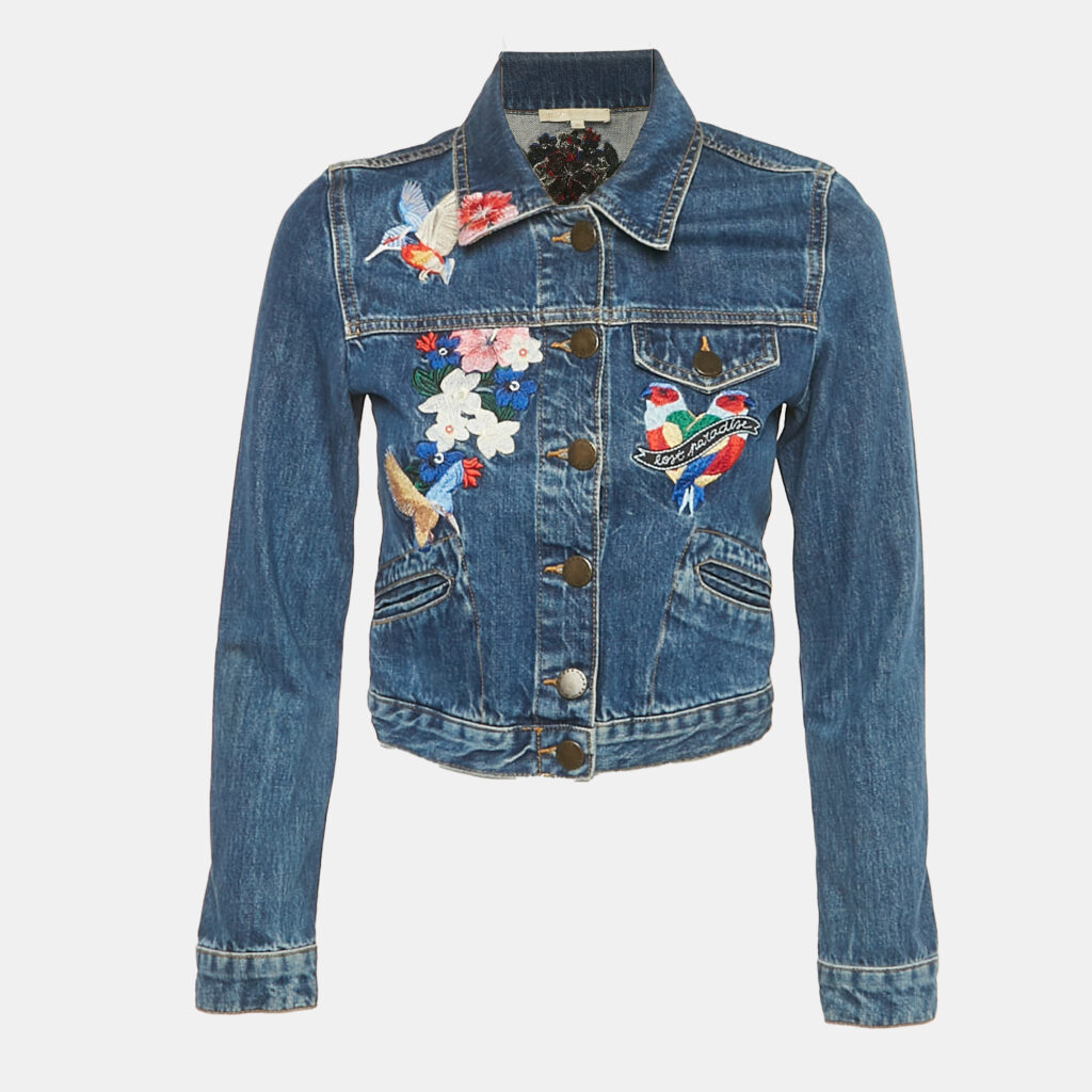 Maje Blue Floral Embroidered Cropped Vivo Denim Jacket S Maje Blue Floral Embroidered Cropped Vivo Denim Jacket S