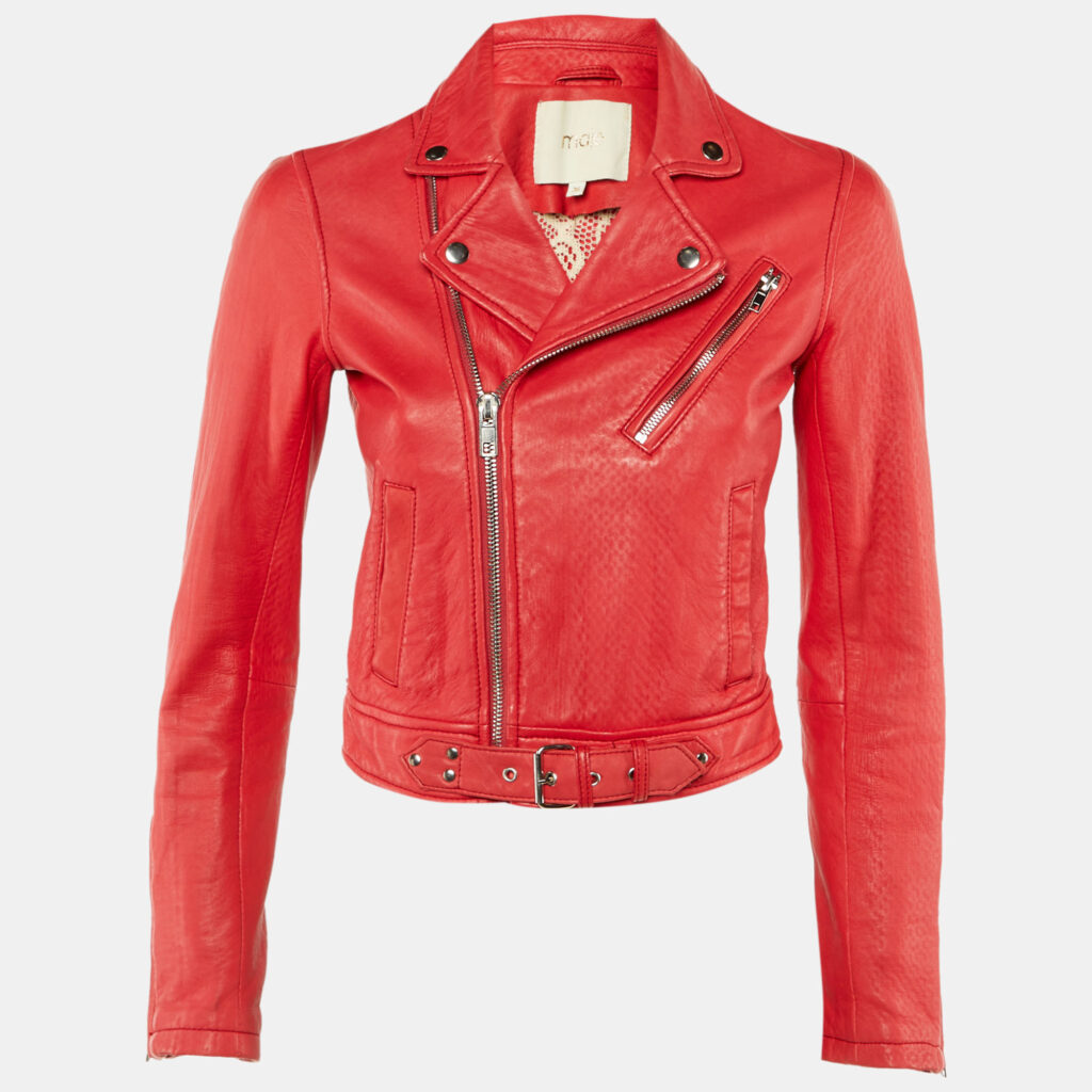 Maje Red Leather Bostep Biker Jacket S Maje Red Leather Bostep Biker Jacket S