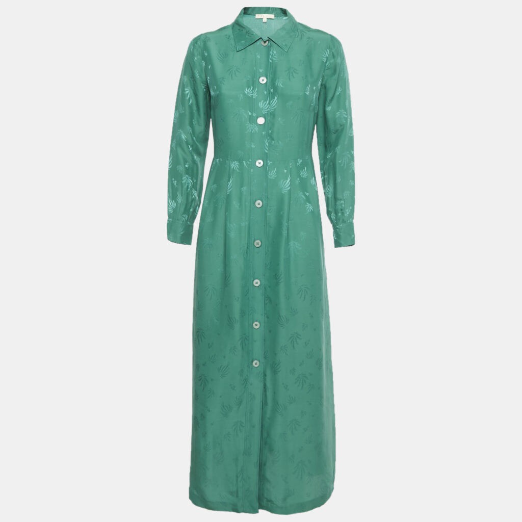 Maje Green Palm Tree Jacquard Sateen Midi Dress M