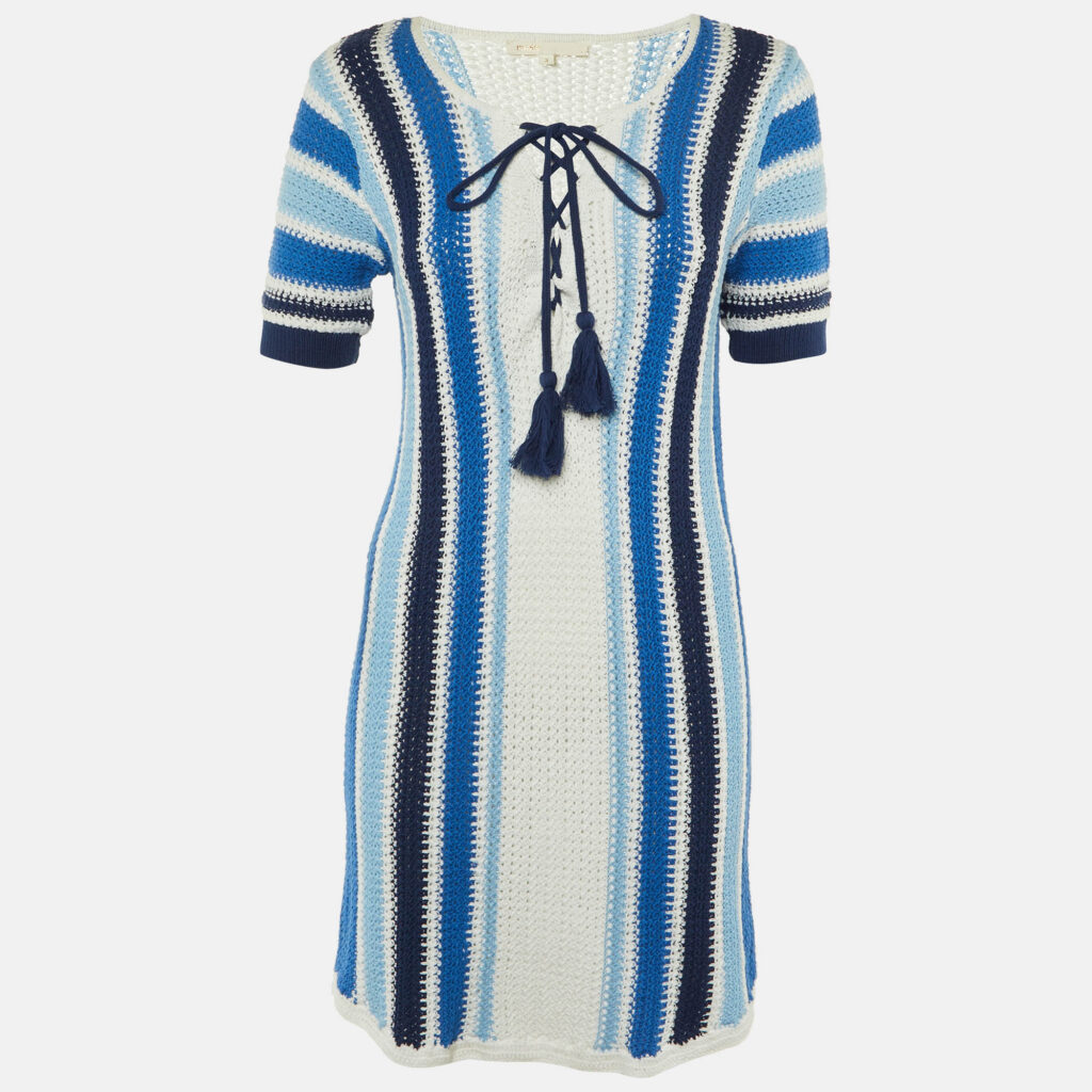 Maje Blue Striped Crochet Knit Reedlay Mini Dress L