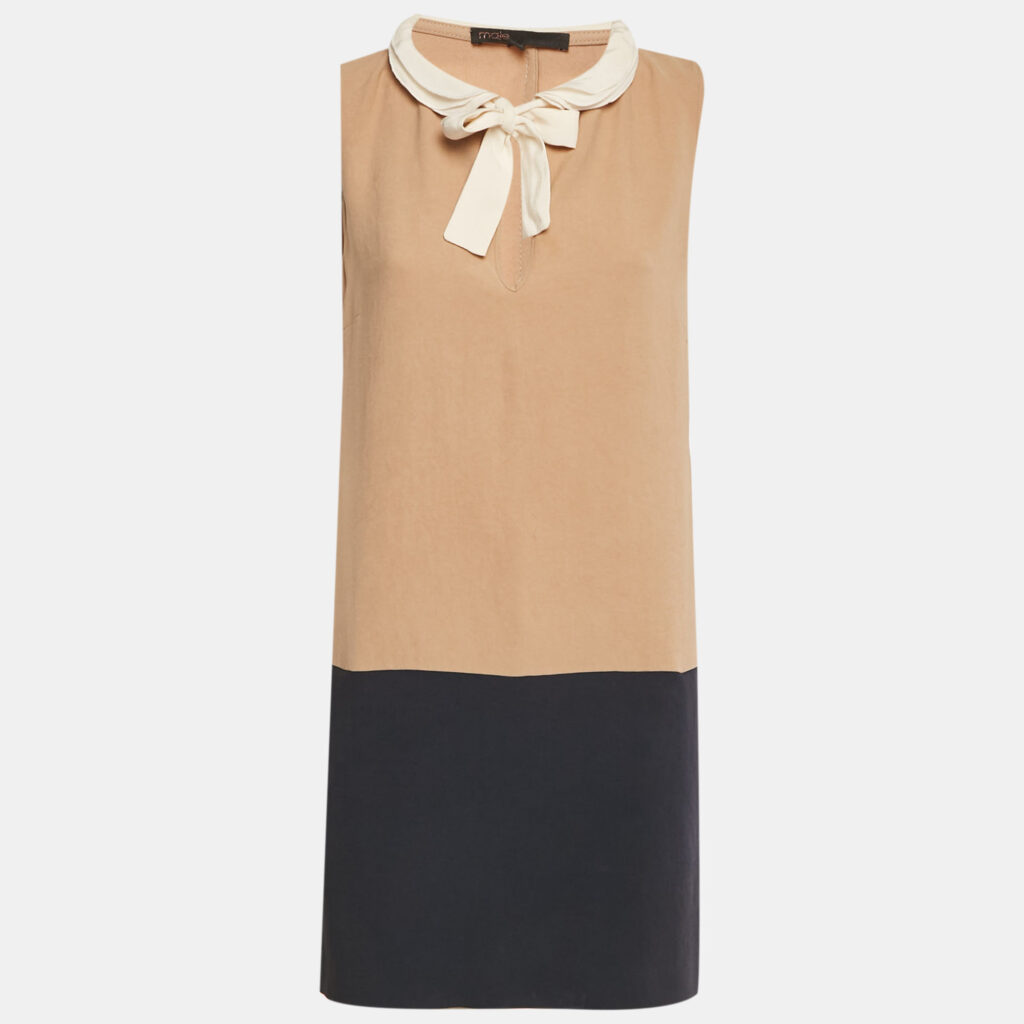 luxury-women-maje-used-clothes-p1241001-008-1.jpg Maje Beige/Navy Blue Crepe Neck-Tie Mini Dress M