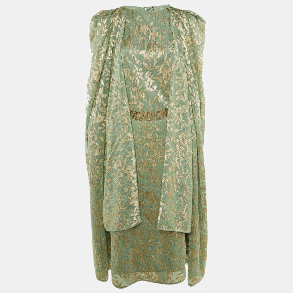 Maje Light Green Metallic Foliage Print Plisse Belted Cape & Maxi Dress M Maje Light Green Metallic Foliage Print Plisse Belted Cape & Maxi Dress M