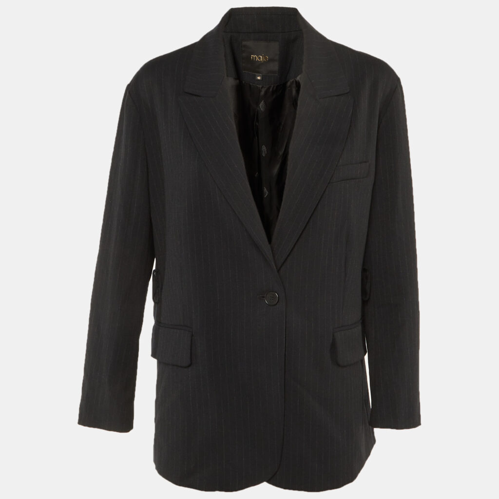 Maje Black Striped Crepe Single Breasted Blazer L Maje Black Striped Crepe Single Breasted Blazer L
