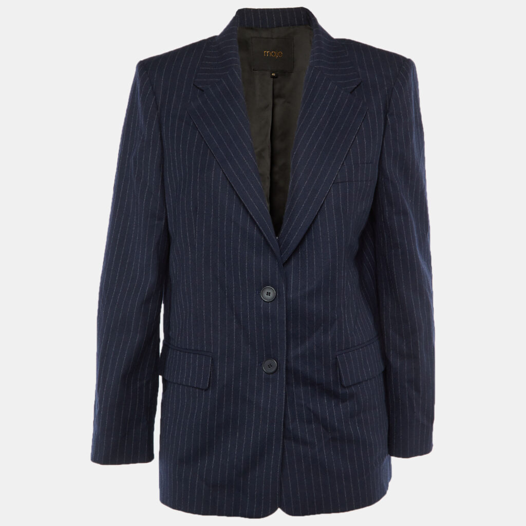 Maje Navy Blue Striped Wool Single Breasted Blazer L Maje Navy Blue Striped Wool Single Breasted Blazer L