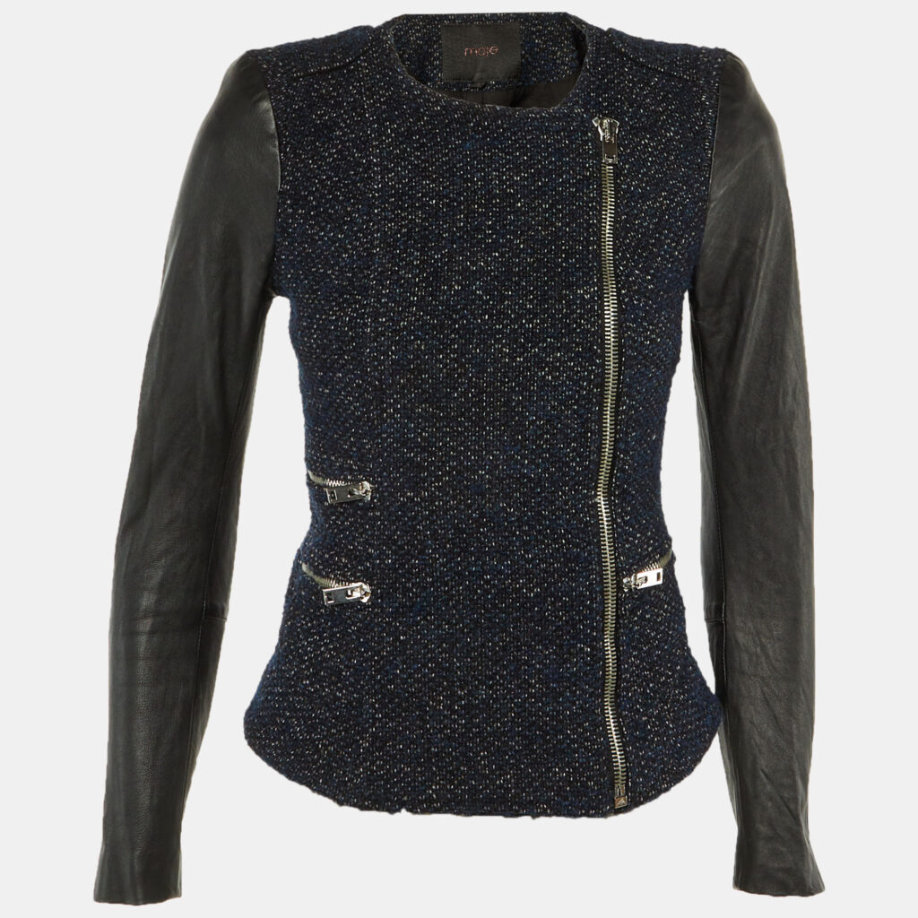 Maje Navy Blue /Black Tweed & Leather Zip Up Jacket S Maje Navy Blue /Black Tweed & Leather Zip Up Jacket S