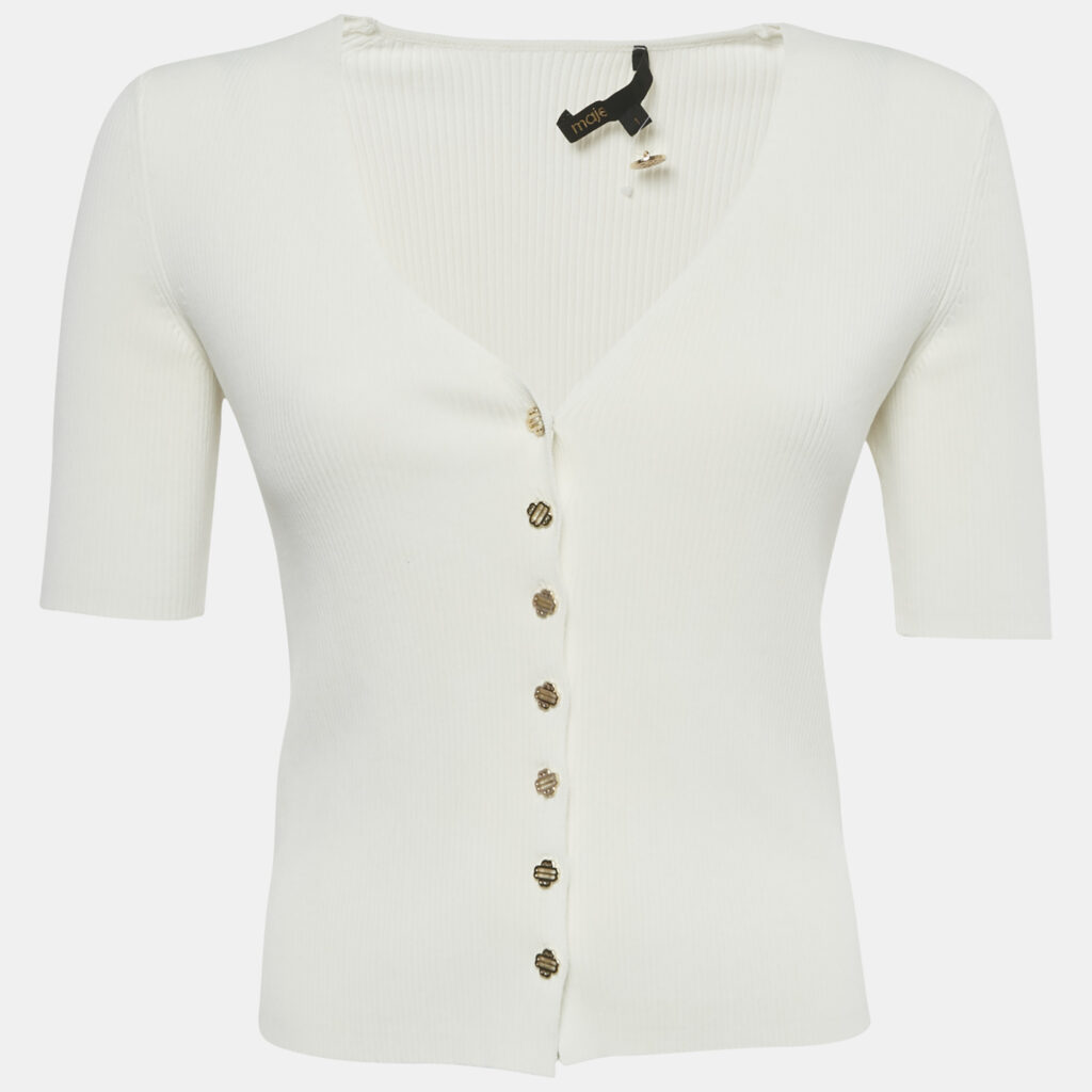 Maje White Rib Knit Logo Button Detail Top S Maje White Rib Knit Logo Button Detail Top S