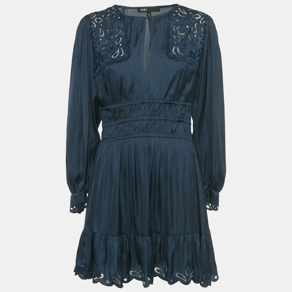 Maje Navy Blue Satin Cut Work Detail Ribroda Mini Dress S Maje Navy Blue Satin Cut Work Detail Ribroda Mini Dress S