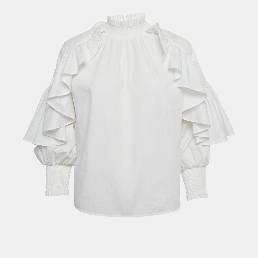 Maje White Cotton Ruffled Shirring Blouse S