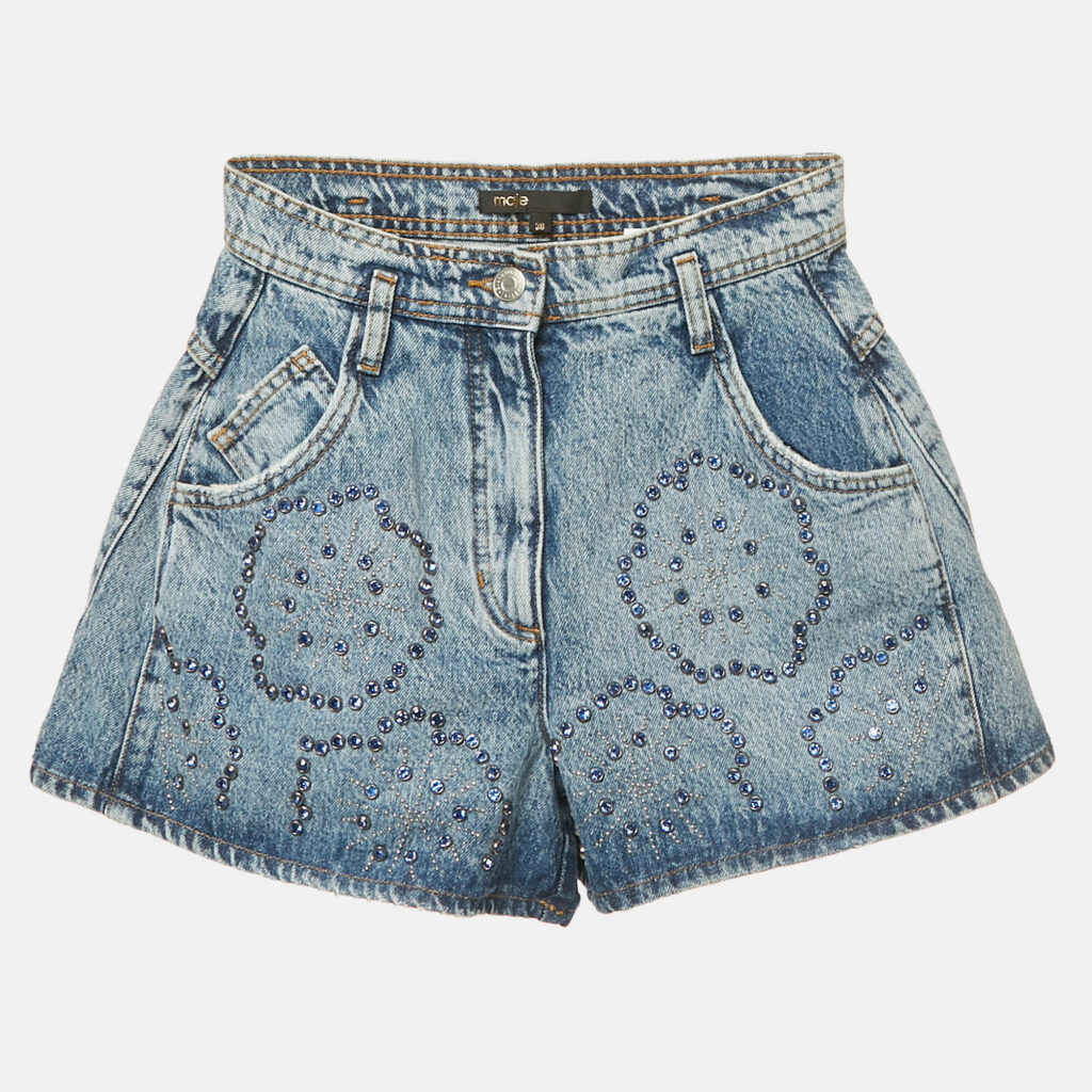 Maje Blue Washed Denim Rhinestone Embellished Shorts M Maje Blue Washed Denim Rhinestone Embellished Shorts M
