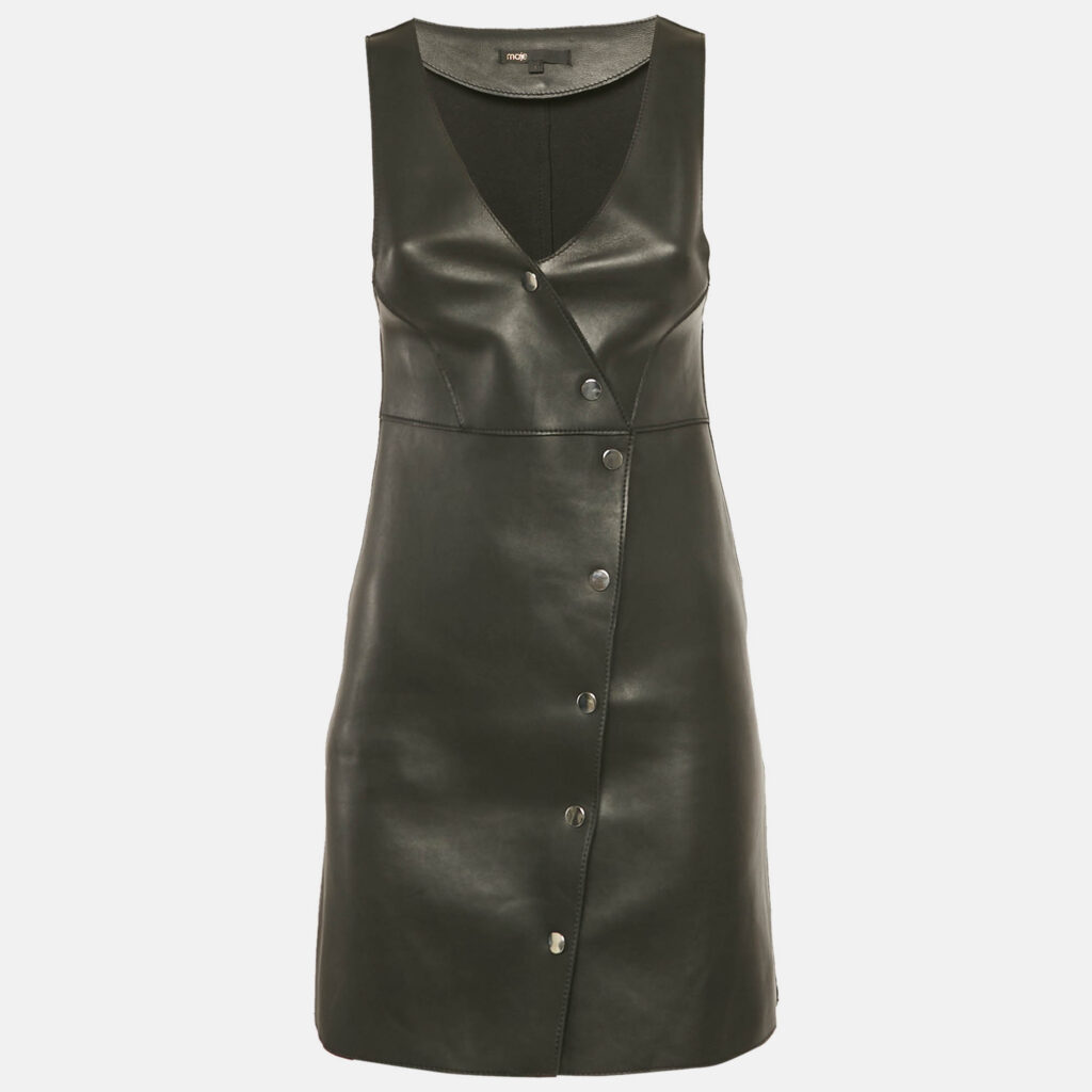 Maje Black Leather Buttoned Mini Dress S Maje Black Leather Buttoned Mini Dress S