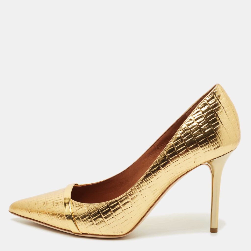 Malone Souliers Gold Croc Embossed Patent Leather Rina Pumps Size 39.5