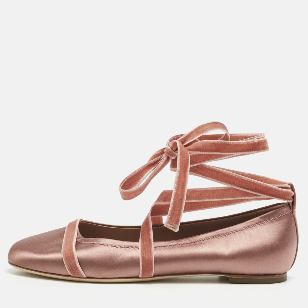 Malone Souliers Pink Satin And Velvet Spencer Ankle Wrap Ballet Flats Size 40 Malone Souliers Pink Satin And Velvet Spencer Ankle Wrap Ballet Flats Size 40