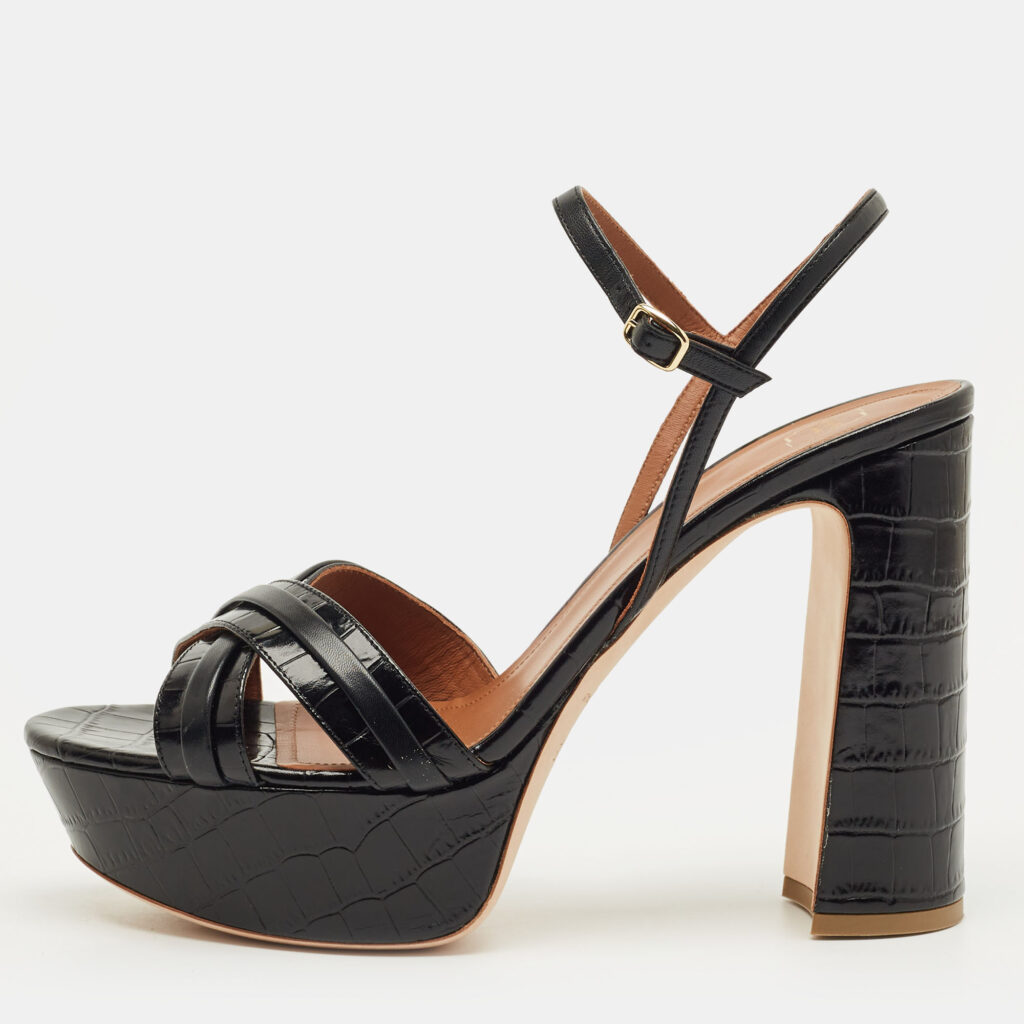 Malone Souliers Black Croc Embossed Leather Mila Platform Sandals Size 42