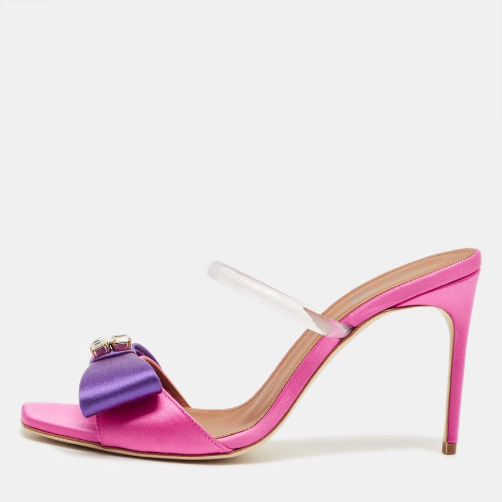 Malone Souliers Pink/Purple Satin Emily Bow Slide Sandals Size 38 Malone Souliers Pink/Purple Satin Emily Bow Slide Sandals Size 38