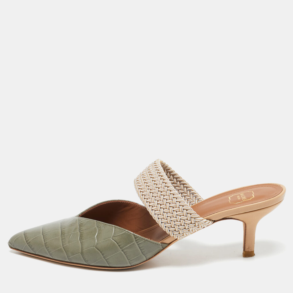 luxury-women-malone-souliers-used-shoes-p1133568-009-1.jpg Malone Souliers Army Green Croc Embossed Leather Maisie Mules Size 37
