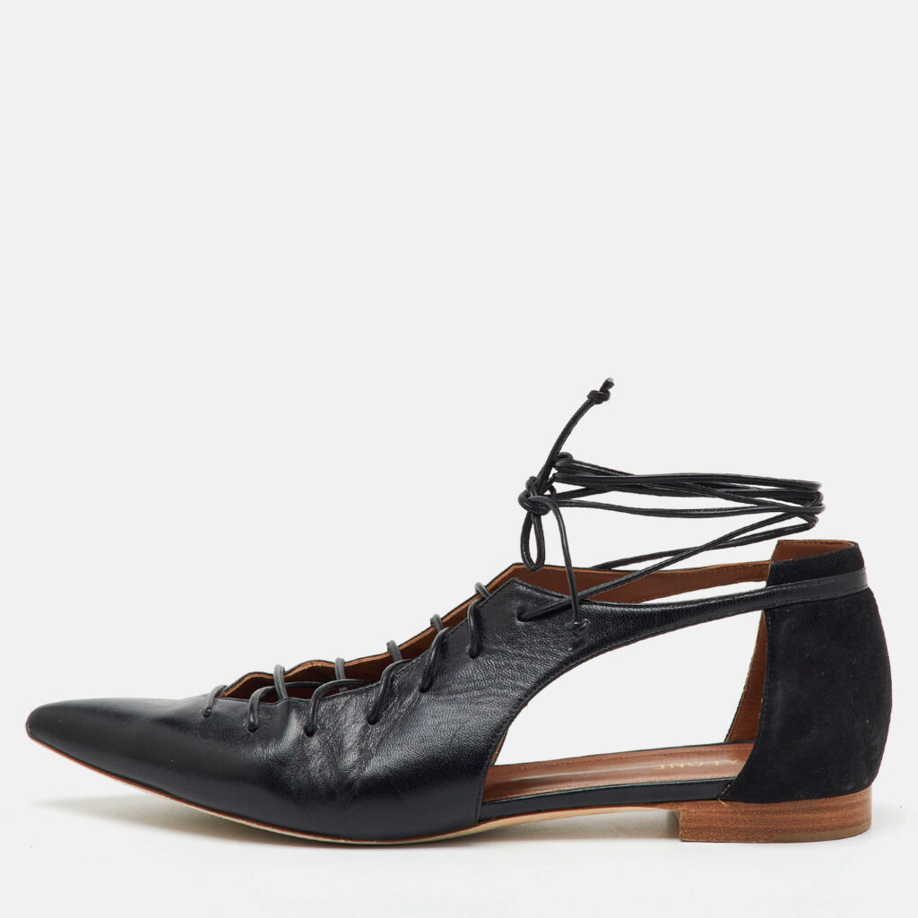 Malone Souliers Black Leather and Suede Montana Lace Up Pointed Toe Flats Size 40.5 Malone Souliers Black Leather and Suede Montana Lace Up Pointed Toe Flats Size 40.5