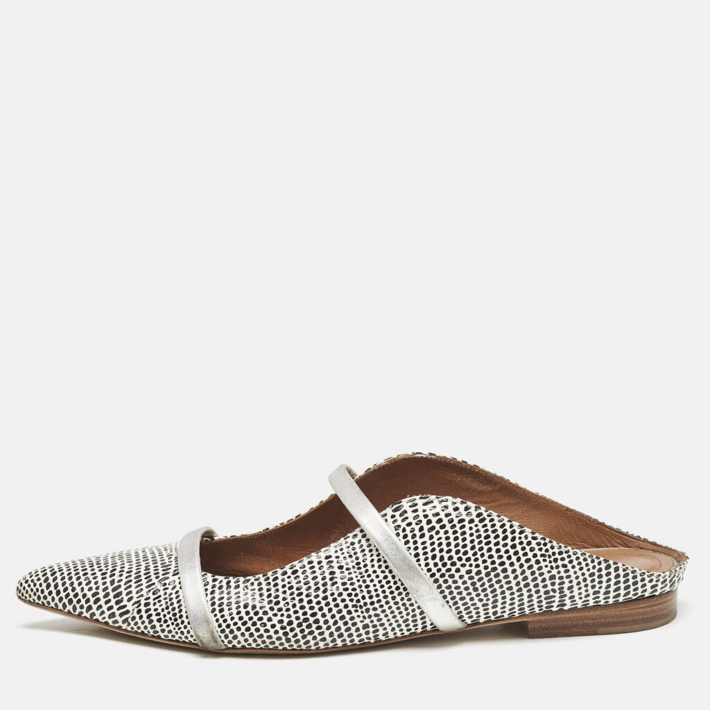 Malone Souliers White/Black Dotted Snakeskin Leather Maureen Flat Mules Size 38