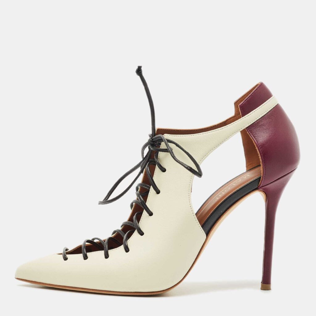 Malone Souliers Off White/Purple Leather Montana Lace Up Pumps Size 38.5