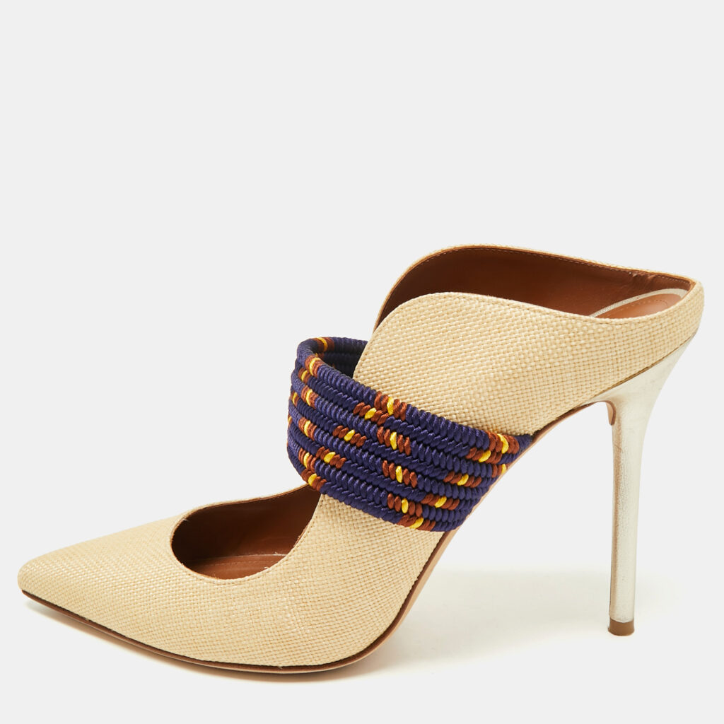 Malone Souliers Beige/Navy Blue Raffia and Cord Mara Pointed Toe Mules Size 40