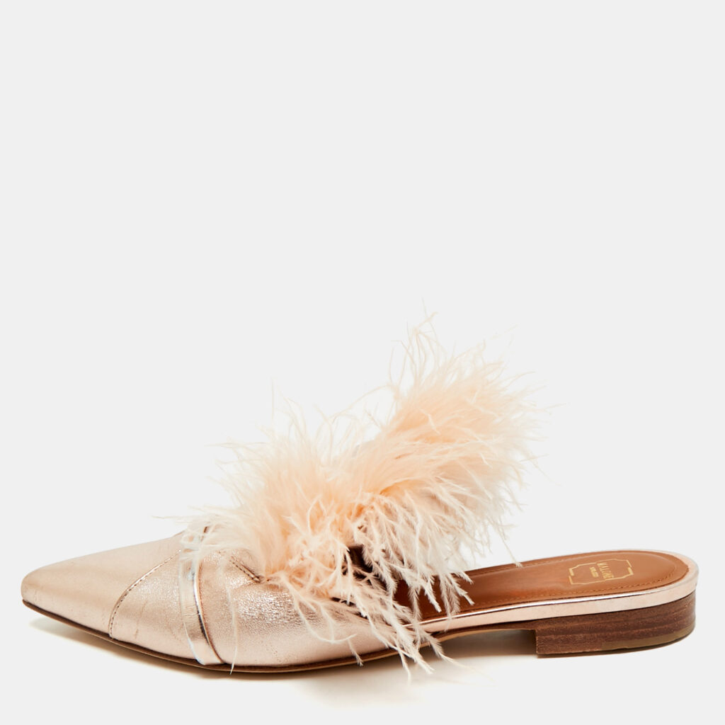 Malone Souliers Metallic Leather and Feather Pointed Toe Flat Mules Size 35 Malone Souliers Metallic Leather and Feather Pointed Toe Flat Mules Size 35
