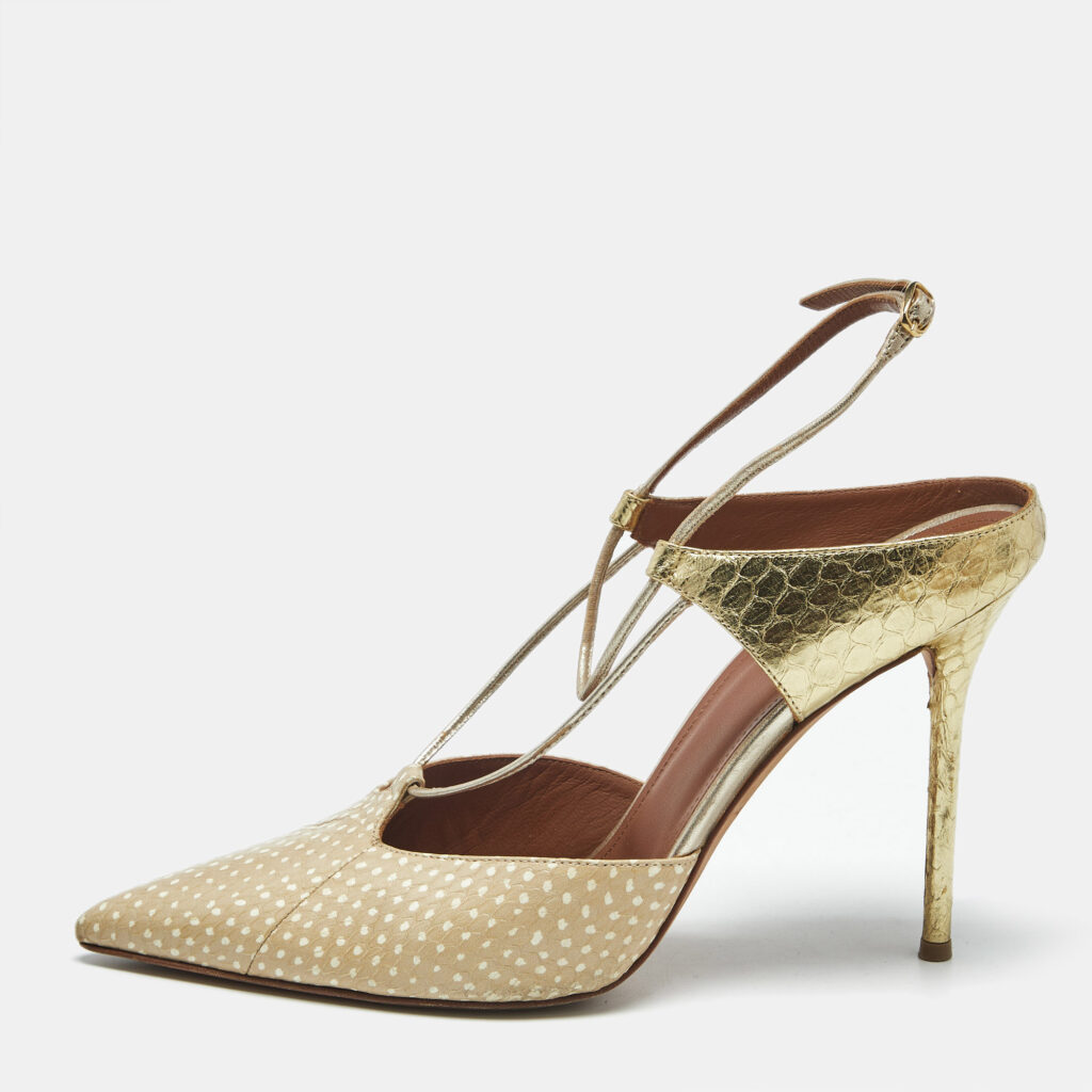 Malone Souliers Gold/Beige Leather and Python Embossed Daria Mules Size 41 Malone Souliers Gold/Beige Leather and Python Embossed Daria Mules Size 41
