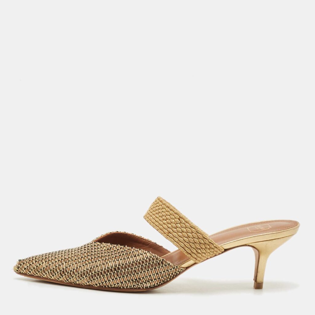 Malone Souliers Beige/Gold Straw and Woven Fabric Maisie Mules Size 41 Malone Souliers Beige/Gold Straw and Woven Fabric Maisie Mules Size 41