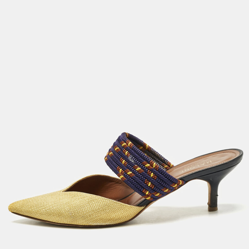 Malone Souliers Yellow/Navy Blue Raffia and Cord Maisie Pointed Toe Mules Size 39 Malone Souliers Yellow/Navy Blue Raffia and Cord Maisie Pointed Toe Mules Size 39