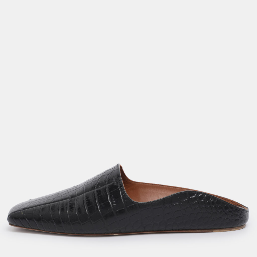 Malone Souliers x Deveaux New York Black Croc Embossed Leather Mules Size 35
