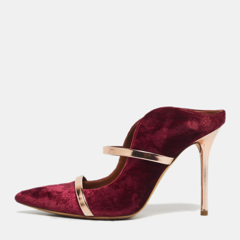 Malone Souliers Gold/Burgundy Velvet and Leather Maureen Mules Size 37 Malone Souliers Gold/Burgundy Velvet and Leather Maureen Mules Size 37
