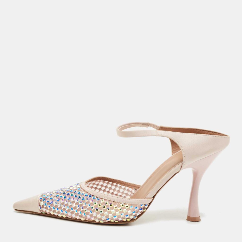 Malone Souliers Pink Mesh and Satin Crystal Embellished Vega Mules Size 40
