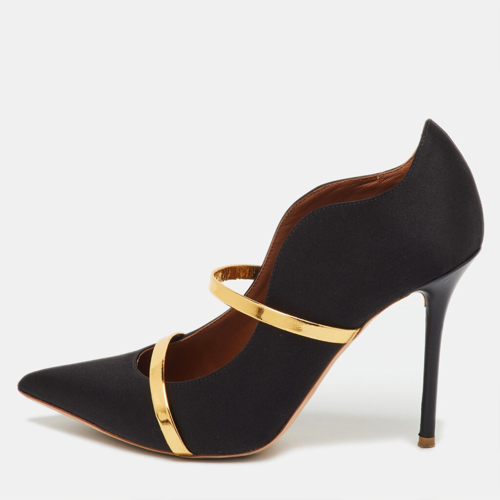 Malone Souliers Black/Gold Satin and Leather Maureen Flat Mules Size 39