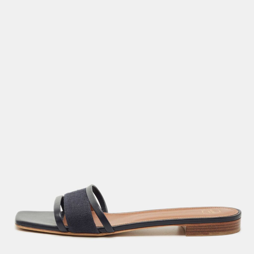 Malone Souliers Black Leather and Canvas Macrame Napa Flat Slides Size 42 Malone Souliers Black Leather and Canvas Macrame Napa Flat Slides Size 42